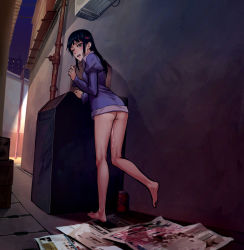 Rule 34 | 1girl, abuse, as109, ass, bad id, bad pixiv id, barefoot, black hair, blush, bottomless, breasts, after rape, bruise, cum, cumdrip, green eyes, injury, long hair, long legs, naked shirt, night, one eye closed, pussy juice, shirt, shoujo to ura roji, small breasts, solo, wink, yellow eyes