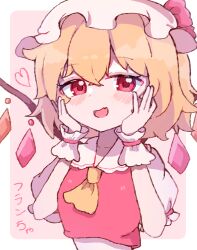 Rule 34 | 1girl, ascot, blonde hair, blush, commentary request, crop top, crystal, flandre scarlet, hands on own face, hat, hat ribbon, heart, highres, looking at viewer, mob cap, open mouth, pink ribbon, puffy short sleeves, puffy sleeves, red eyes, ribbon, sasugane watashi, short hair, short sleeves, simple background, solo, touhou, translation request, upper body, white hat, yellow ascot