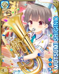 Rule 34 | 1girl, bow, brown hair, card (medium), confetti, day, euphonium, girlfriend (kari), instrument, light brown hair, looking at viewer, marching band, music, official art, open mouth, outdoors, playing instrument, pleated skirt, qp:flapper, red eyes, school, shigino mutsumi, shirt, short twintails, skirt, socks, solo, striped, striped bow, twintails, walking, white bow, white headwear, white shirt, white skirt