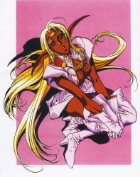Rule 34 | 1990s (style), 1girl, blonde hair, boots, dark-skinned female, dark skin, full body, gloves, hands on own knee, high heels, highres, izubuchi yutaka, lips, long hair, looking at viewer, official art, own hands together, parted lips, pirotess, pointy ears, record of lodoss war, red eyes, retro artstyle, scan, shadow, skirt, solo, thigh boots, thighhighs, v arms