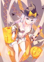 Rule 34 | 1girl, absurdres, animal, bare legs, bat (animal), blue eyes, breasts, hair between eyes, halloween, halloween costume, hat, hibiki (kancolle), highres, jack-o&#039;-lantern, kantai collection, koomoi, long hair, long sleeves, no pants, open clothes, open mouth, open shirt, sailor collar, sailor shirt, shirt, silver hair, small breasts, smile, solo, verniy (kancolle), witch hat