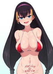 Rule 34 | 1girl, alternate breast size, arms behind back, bare shoulders, bikini, bikini top only, black hair, blue eyes, blush, body writing, bottomless, breasts, cleavage, colored tips, fangs, female focus, gradient hair, hair between eyes, hair ornament, hairband, highres, irokohaku, jacket, large breasts, lessar, long hair, looking at viewer, multicolored hair, naughty face, navel, nose blush, open mouth, pink hairband, red bikini, sidelocks, simple background, skindentation, smilesolo, solo, streaked hair, swimsuit, teeth, toaru majutsu no index, toned, upper teeth only, white jacket
