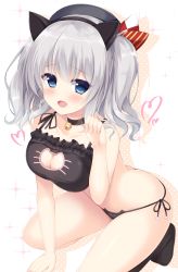 Rule 34 | 10s, 1girl, animal ears, bell, black panties, blue eyes, blush, bra, breasts, cat cutout, cat ear panties, cat ears, cat lingerie, cleavage, cleavage cutout, clothing cutout, collar, eyebrows, fake animal ears, hat, highres, jingle bell, kantai collection, kashima (kancolle), large breasts, lingerie, long hair, meme attire, neck bell, open mouth, panties, paw pose, side-tie panties, silver hair, solo, thighs, tomoo (tomo), twintails, underwear, underwear only