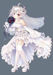 Rule 34 | 1girl, ahoge, azur lane, bare shoulders, black flower, black rose, blush, bolt, bouquet, breasts, bridal veil, closed mouth, detached sleeves, dress, flower, full body, garter straps, grey background, head tilt, high heels, highres, holding, holding bouquet, long sleeves, looking at viewer, medium breasts, red eyes, red flower, red rose, rose, see-through, shoes, simple background, sleeves past fingers, sleeves past wrists, solo, standing, stitches, strapless, strapless dress, terror (azur lane), thighhighs, veil, wedding dress, white dress, white flower, white footwear, white hair, white rose, white thighhighs, wide sleeves, yorarry