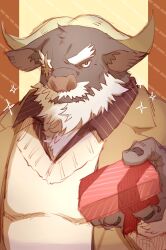 Rule 34 | 1boy, ahab (housamo), animal ears, bara, beard, black nails, black shirt, border, brown border, brown jacket, closed mouth, commentary, cow ears, cow horns, eyebrow cut, facial hair, forked eyebrows, furry, furry male, gift, grey fur, highres, holding, holding gift, horns, incoming gift, jacket, large pectorals, looking at viewer, male focus, minotaur, muscular, muscular male, old, old man, partially blind, pectorals, pillarboxed, sanwari (aruji yume), scar, scar across eye, shirt, solo, sparkle, striped clothes, striped shirt, sweater, thick eyebrows, tokyo houkago summoners, upper body, valentine, vertical-striped clothes, vertical-striped shirt, white sweater, yellow background