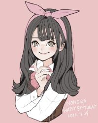 Rule 34 | 1girl, assault lily, black hair, blush, bow, bow hairband, bowtie, brown eyes, closed mouth, collared shirt, commentary, corset, cropped torso, crossed arms, dated, fang, fang out, fingernails, hair bow, hairband, hand up, happy birthday, highres, long hair, long sleeves, looking at viewer, ludvico private girls&#039; academy school uniform, nagase marta nonoka, pink background, pink bow, pink bowtie, pink hairband, sally (allogkk), school uniform, shirt, simple background, smile, solo, underbust, upper body, white shirt