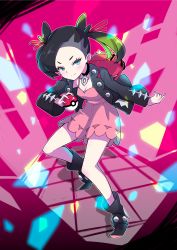 Rule 34 | 1girl, asymmetrical bangs, backpack, bag, black choker, black hair, black jacket, boots, breasts, choker, cleavage, closed mouth, creatures (company), dress, game freak, green eyes, hair ribbon, highres, hiva+, holding, holding poke ball, jacket, leaning forward, legs, looking at viewer, marnie (pokemon), medium hair, nintendo, pendant choker, pink dress, poke ball, poke ball (basic), pokemon, pokemon swsh, red ribbon, ribbon, serious, shadow, short dress, small breasts, solo, twintails, two side up, v-shaped eyebrows