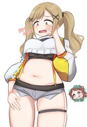 Rule 34 | + +, 2girls, @ @, bang dream!, black sports bra, blonde hair, blush, breasts, brown eyes, brown hair, cone hair bun, cowboy shot, crop top, crop top overhang, cropped sweater, elegg (nikke), english text, exposed pocket, goddess of victory: nikke, grey shorts, hair bun, hair ornament, hand on own cheek, hand on own face, highres, ichigaya arisa, itou ayasa, large breasts, long hair, long sleeves, micro shorts, multiple girls, navel, notice lines, open mouth, plump, psycho orb, purple eyes, shorts, sidelocks, simple background, skindentation, solo focus, sparkle, sports bra, standing, star (symbol), star hair ornament, stomach, suspender shorts, suspenders, swept bangs, thigh strap, tongue, tongue out, toyama kasumi, twintails, voice actor connection, white background, x hair ornament