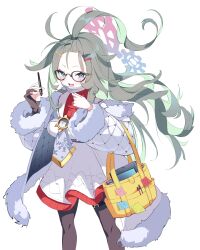 Rule 34 | 1girl, absurdres, arimas ar1, bag, black-framed eyewear, black pantyhose, blue archive, blue eyes, breasts, coat, drawing tablet, fur trim, glasses, green hair, grey hair, hair ornament, hairclip, halo, highres, holding, holding stylus, long hair, long sleeves, looking at viewer, medium breasts, meru (blue archive), multicolored hair, open clothes, open coat, open mouth, pantyhose, red sweater, ribbed sweater, simple background, solo, stylus, sweater, white background, white coat
