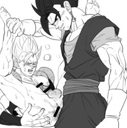 Rule 34 | 2boys, abs, anal, anus, bara, barefoot, blush, bottomless, censored, cum, cum in ass, dragon ball, dragonball z, ejaculating while penetrated, ejaculation, gogeta, lowres, male focus, male penetrated, monochrome, multiple boys, muscular, naughty face, pectorals, penis, simple background, son goku, steam, sweat, tagme, testicles, vegeta, vegetto, yaoi