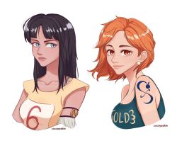 Rule 34 | 2girls, arm tattoo, armlet, artist name, black hair, blue eyes, blunt bangs, cocoyashin, commentary, earrings, english commentary, floating hair, freckles, highres, jewelry, looking at viewer, looking to the side, medium hair, multiple girls, nami (one piece), nico robin, one piece, orange eyes, orange hair, shirt, short hair, simple background, t-shirt, tank top, tattoo, upper body, white background