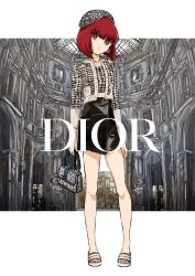 Rule 34 | 1girl, arima kana, bag, bare legs, black skirt, dior, fashion, handbag, hat, highres, holding, holding bag, looking at viewer, open mouth, oshi no ko, red eyes, red hair, skirt, solo, solo focus, t.k.c, white footwear