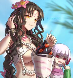 Rule 34 | 2girls, bikini, black hair, bracelet, braid, breasts, chagara, chest tattoo, closed mouth, commentary, cup, day, demon pillar (fate), drinking straw, earrings, fate/grand order, fate (series), flower, forehead tattoo, frilled bikini, frills, grey hair, hair flower, hair ornament, hair ribbon, hands up, holding, jewelry, kama (fate), large breasts, long hair, looking at another, looking down, looking to the side, medium hair, multicolored hair, multiple girls, necklace, open mouth, outdoors, parted bangs, pearl bracelet, pearl earrings, pearl necklace, pink bikini, pink flower, pink hair, red eyes, red ribbon, ribbon, sessyoin kiara, sessyoin kiara (swimsuit mooncancer), sessyoin kiara (swimsuit mooncancer) (first ascension), shell, shell necklace, smile, streaked hair, sweatdrop, swimsuit, tattoo, twin braids, twitter username, underboob, upper body, white bikini, yellow eyes