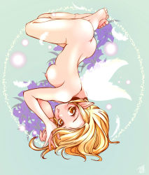 Rule 34 | 1girl, ass, barefoot, blonde hair, blush, breasts, feathers, feet, flower, large breasts, lips, lying, nipples, nude, original, pointy ears, short hair, solo, teruchan, upside-down, wings, yellow eyes