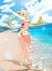 Rule 34 | 1girl, absurdres, anklet, arm up, armpits, ass, back, bang dream!, bare legs, barefoot, beach, bikini, blonde hair, blue sky, blush, cloud, commentary, day, dopamine70, english commentary, feet, from behind, hair ribbon, halterneck, heart, highres, jewelry, legs, long hair, looking at viewer, looking back, ocean, open mouth, outdoors, ribbon, sand, side-tie bikini bottom, sky, smile, soles, solo, standing, standing on one leg, swimsuit, thong, toes, tsurumaki kokoro, twintails, very long hair, water, yellow bikini, yellow eyes