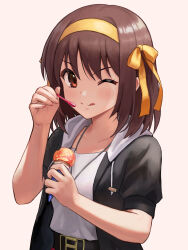 Rule 34 | 1girl, ;q, belt, black belt, black jacket, bob cut, brown eyes, brown hair, casual, collarbone, commentary request, food, hair ribbon, hairband, highres, holding, holding food, holding spoon, ice cream, ice cream cone, ice cream spoon, ishiyuki, jacket, looking at viewer, medium hair, one eye closed, open clothes, open jacket, ribbon, shirt, short sleeves, single scoop, solo, spoon, suzumiya haruhi, suzumiya haruhi no yuuutsu, tongue, tongue out, upper body, white shirt, yellow hairband, yellow ribbon