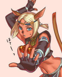 Rule 34 | 1girl, animal ears, arm up, between fingers, black gloves, blonde hair, blue eyes, candy, cat ears, cat girl, cat tail, chocolate, chocolate heart, dark-skinned female, dark skin, final fantasy, final fantasy xi, fingerless gloves, food, gloves, heart, highres, holding, mithra (ff11), navel, no eyebrows, parted bangs, short hair, solo, tail, tail raised, yuccoshi