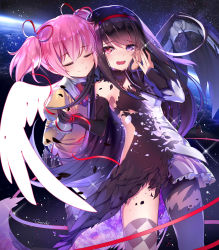 Rule 34 | 10s, 2girls, absurdres, akemi homura, akuma homura, argyle, argyle clothes, argyle legwear, artist name, asymmetrical legwear, black dress, black gloves, black hair, black thighhighs, black wings, blush, bow, bowtie, closed eyes, crying, crying with eyes open, detached collar, dissolving clothes, dress, earth (planet), eyebrows, feathered wings, feathers, floating, floral print, frilled skirt, frills, gendo0032, gendo0033, gloves, hair bow, hair ribbon, hairband, hand on another&#039;s cheek, hand on another&#039;s face, heterochromia, highres, holding hands, juliet sleeves, kaname madoka, lens flare, loafers, long hair, long sleeves, magical girl, mahou shoujo madoka magica, mahou shoujo madoka magica: hangyaku no monogatari, multiple girls, open mouth, pantyhose, petals, pink hair, pink ribbon, plaid, plaid skirt, planet, pleated skirt, puffy sleeves, purple eyes, purple hair, red bow, red bowtie, red eyes, red hairband, red ribbon, ribbon, school uniform, shoes, signature, single wing, skirt, sky, space, sparkle, spoilers, star (sky), starry sky, strapless, strapless dress, tears, thighhighs, transformation, twintails, uneven legwear, white wings, wings, yuri