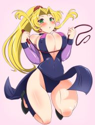 Rule 34 | 1girl, ankle cuffs, bad id, bad pixiv id, black footwear, blonde hair, blush, breasts, cleavage, cleavage cutout, clothing cutout, covered erect nipples, earrings, eyeshadow, female focus, full body, green eyes, high heels, highres, hoop earrings, jewelry, large breasts, leotard, long hair, makeup, pelvic curtain, pink background, ponytail, shin&#039;en (gyokuro company), shiny skin, shoes, sidelocks, sofia (toushinden), solo, toushinden, whip