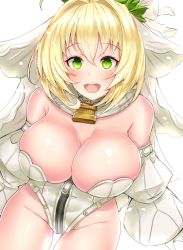 Rule 34 | 10s, 1girl, :d, ahoge, arm strap, arms at sides, bare shoulders, blonde hair, blush, bow, breasts, bursting breasts, chain, chain necklace, cleavage, collar, cowboy shot, detached collar, detached sleeves, dutch angle, fate/extra, fate/extra ccc, fate (series), full-length zipper, gloves, green eyes, groin, hair between eyes, hair intakes, happy, head wreath, highleg, highleg leotard, highres, jewelry, large breasts, leotard, lock, looking at viewer, necklace, nero claudius (bride) (fate), nero claudius (bride) (second ascension) (fate), nero claudius (fate), nero claudius (fate) (all), nose blush, open mouth, padlock, puffy detached sleeves, puffy sleeves, sankakusui, shiny skin, short hair, short hair with long locks, sidelocks, simple background, smile, solo, standing, strapless, strapless leotard, thighs, white background, white bow, white gloves, white leotard, wide sleeves, zipper, zipper pull tab