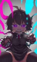 Rule 34 | 1girl, absurdres, black dress, black hair, black thighhighs, blue wings, bright pupils, center frills, chii (tsumami tsumamare), commentary, dress, fang, frills, grey background, highres, houjuu nue, long sleeves, looking at viewer, open mouth, pink hair, short hair, skin fang, solo, thighhighs, touhou, white pupils, wings