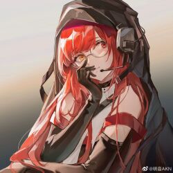 Rule 34 | 1girl, black gloves, commentary request, elbow gloves, erika (neural cloud), girls&#039; frontline, girls&#039; frontline neural cloud, glasses, gloves, gradient background, hand on own face, headset, heterochromia, highres, long hair, looking at viewer, mingyin akn, red eyes, red hair, smile, solo, upper body, weibo watermark, yellow eyes
