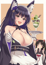 Rule 34 | 2girls, animal ear fluff, animal ears, apron, azur lane, black kimono, bow, breasts, brown hair, cleavage, commentary request, facial mark, flower, fox ears, frilled gloves, frilled hairband, frills, gloves, hair bow, hairband, heart, highres, holding, holding spoon, holding tray, itaba atsushi, japanese clothes, kimono, kimono skirt, large breasts, long hair, long sleeves, looking at viewer, maid, maid headdress, multiple girls, musashi (azur lane), musashi (violet moonglow) (azur lane), official alternate costume, open mouth, parfait, purple flower, purple hair, sakawa (azur lane), sakawa (the colors of love) (azur lane), spoon, tray, wa maid, whisker markings, white apron, white gloves, wide sleeves, yellow eyes