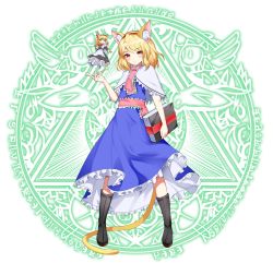 Rule 34 | 1girl, absurdres, alice margatroid, animal ear fluff, animal ears, blonde hair, blush, book, boots, capelet, cat ears, cat tail, full body, grimoire of alice, highres, hourai doll, kemonomimi mode, legs apart, magic circle, mitaojiu (wumiaoxiao mengjiu), short hair, solo, standing, tail, touhou, yellow eyes