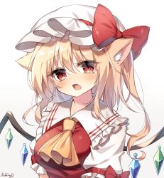 Rule 34 | 1girl, animal ears, artist name, ascot, bad id, bad pixiv id, blonde hair, blush, border, bow, breasts, cat ears, commentary request, crystal, eyes visible through hair, fang, flandre scarlet, frilled shirt collar, frills, hair between eyes, hair bow, hat, highres, kemonomimi mode, looking at viewer, medium breasts, medium hair, mob cap, one side up, open mouth, paw pose, pudding (skymint 028), puffy short sleeves, puffy sleeves, red bow, red eyes, red vest, short sleeves, signature, simple background, solo, touhou, upper body, vest, white background, white hat, wings, yellow ascot