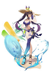 Rule 34 | 1girl, absurdres, ankle strap, bare arms, bare shoulders, bikini, blue thighhighs, breasts, chinese clothes, cleavage, closed mouth, crossed legs, detached collar, earrings, front-tie bikini top, front-tie top, full body, genshin impact, green eyes, hair ornament, halterneck, hand up, hat, high heels, highres, holding, hunxuemeilin, innertube, jewelry, long hair, medium breasts, mona (genshin impact), nail polish, navel, purple bikini, purple hair, shadow, simple background, single thighhigh, solo, star (symbol), straw hat, sun hat, swim ring, swimsuit, thigh strap, thighhighs, thighs, toenail polish, toenails, twintails, water, watercraft, white background