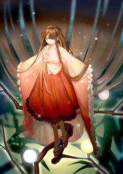Rule 34 | 1girl, absurdly long hair, black footwear, blunt bangs, bow, branch, brown hair, chinese commentary, commentary, frilled skirt, frilled sleeves, frills, full body, geta, highres, hime cut, houraisan kaguya, jeweled branch of hourai, long hair, long sleeves, looking at viewer, parted lips, pink shirt, red eyes, red skirt, shirt, sidelocks, skirt, sleeves past fingers, sleeves past wrists, smile, socks, solo, touhou, tsurime, very long hair, white bow, white socks, wide sleeves, yichuan