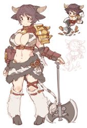 Rule 34 | 1girl, 7010, animal ears, animal print, axe, battle axe, bell, black gloves, bracer, breasts, brown eyes, brown hair, chibi, cleavage, collar, commentary, cow ears, cow horns, cow print, cow tail, cowbell, fingerless gloves, full body, fur, fur trim, gloves, hooves, horns, idolmaster, idolmaster cinderella girls, large breasts, midriff, monsterification, navel, neck bell, oikawa shizuku, pigeon-toed, short hair, smile, tail, weapon