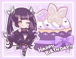 Rule 34 | 1girl, ;q, black hair, black jacket, black ribbon, black shirt, blunt bangs, blush, boots, cake, chibi, closed mouth, commentary request, crop top, demon girl, demon horns, demon tail, food, full body, grey footwear, happy birthday, heart, heart print, highres, horns, jacket, kino haruc, kojo anna, kojo anna (1st costume), leg ribbon, long hair, long sleeves, looking at viewer, medium bangs, midriff, multicolored hair, nanashi inc., navel, off shoulder, one eye closed, open clothes, open jacket, outline, pointy ears, print shirt, purple background, purple hair, ribbon, see-through, see-through shirt, shirt, single thighhigh, sleeveless, sleeveless shirt, smile, solo, standing, standing on one leg, tail, thigh strap, thighhighs, tongue, tongue out, twintails, two-tone hair, virtual youtuber, white outline, yellow eyes, zipper