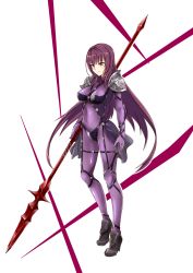 Rule 34 | armor, bodysuit, breasts, covered navel, fate/grand order, fate (series), gae bolg (fate), hair intakes, highres, holding, holding weapon, kultur, leotard, light smile, long hair, looking afar, pauldrons, polearm, purple bodysuit, purple hair, purple leotard, red eyes, scathach (fate), shoulder armor, solo, spear, weapon, white background