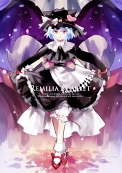 Rule 34 | 1girl, alternate costume, amano kenpi, bad id, bad twitter id, bat wings, blue hair, bow, character name, english text, engrish text, hat, ranguage, red eyes, remilia scarlet, ribbon, short hair, skirt hold, smile, solo, touhou, wings