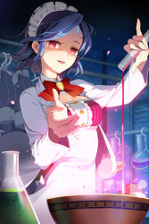 Rule 34 | alchemy, blue hair, bow, bowl, frills, gilse, glowing, lowres, maid headdress, open mouth, outstretched hand, pouring, red eyes, ribbon, short hair, smile, solo, striped, sword girls, vial