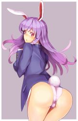 Rule 34 | 1girl, animal ears, ass, blush, female focus, from behind, ginko (nico), grey background, long hair, looking back, no pants, panties, pink panties, purple hair, rabbit ears, rabbit girl, rabbit tail, red eyes, reisen udongein inaba, simple background, solo, tail, touhou, underwear