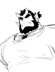 1boy alternate_costume bara beard blue_oni_(saltypoundcake) chest_hair covered_erect_nipples facial_hair fang from_below greyscale horns large_pectorals male_focus monochrome monster_boy muscular oni oni_horns original pectorals pointy_ears saltypoundcake shirt short_hair solo thick_eyebrows upper_body