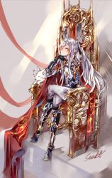 Rule 34 | 1girl, absurdres, ak-12 (girls&#039; frontline), arm support, armor, boots, braid, cape, closed mouth, cocoka, commentary request, crossed legs, french braid, gauntlets, girls&#039; frontline, glowing, head rest, highres, long hair, looking at viewer, one eye closed, purple eyes, ribbon, sidelocks, silver hair, sitting, sleeping, solo, throne, very long hair, wolf