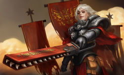 Rule 34 | 1girl, adepta sororitas, armor, bob cut, brown eyes, cape, chainsword, flag, gauntlets, grin, highres, holding, holding sword, holding weapon, lips, looking at viewer, orange sky, outdoors, red cape, short hair, sky, smile, sword, warhammer 40k, weapon, white hair, yangzheyy