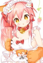 Rule 34 | 00tuma00, 1girl, animal ear fluff, animal ears, animal hands, apron, bell, blush stickers, breasts, cat hair ornament, cat paws, chaldea uniform, cleavage, closed mouth, collar, commentary request, fate/grand order, fate (series), fox ears, fox girl, fujimaru ritsuka (female), gloves, hair ornament, hair scrunchie, jacket, jingle bell, large breasts, long hair, looking at viewer, maid headdress, naked apron, neck bell, open mouth, orange hair, orange scrunchie, paw gloves, paw shoes, pink hair, scrunchie, shoes, side ponytail, sideboob, simple background, solo, stuffed toy, tamamo (fate), tamamo cat (fate), tamamo cat (third ascension) (fate), white background, white jacket, yellow eyes, yellow scrunchie