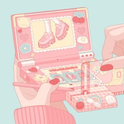 Rule 34 | 1girl, absurdres, card reader, commentary, fashion, fingernails, floral print, flower, handheld game console, highres, holding, holding handheld game console, long sleeves, nail polish, nekomaru0817, nintendo ds, original, out of frame, pastel colors, pink footwear, pink hair, pink nails, pink skirt, pink theme, playing games, shoes, simple background, skirt, solo, sticker, symbol-only commentary