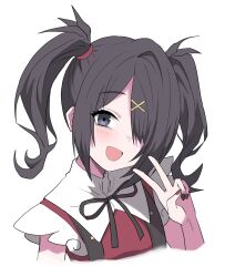 Rule 34 | 1girl, :d, ame-chan (needy girl overdose), bags under eyes, black eyes, black hair, black nails, black ribbon, blush, collared shirt, hair ornament, hair over one eye, hair tie, hairclip, halulu, hand up, highres, long hair, looking at viewer, multicolored nails, neck ribbon, needy girl overdose, open mouth, red nails, red shirt, ribbon, shirt, simple background, smile, solo, suspenders, twintails, upper body, v, white background, x hair ornament