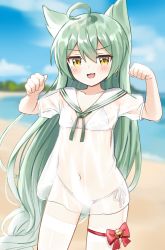 Rule 34 | 1girl, :3, :d, absurdly long hair, ahoge, akashi (azur lane), alternate costume, azur lane, bad id, bad pixiv id, beach, bikini, blue sky, blurry, cloud, cloudy sky, collarbone, commentary request, covered navel, depth of field, dress, flat chest, green hair, highres, horizon, long hair, looking at viewer, mole, mole under eye, open mouth, paw pose, sailor dress, see-through, see-through dress, shengtian, side-tie bikini bottom, sky, smile, solo, swimsuit, thighhighs, very long hair, white bikini, white thighhighs, yellow eyes, zettai ryouiki