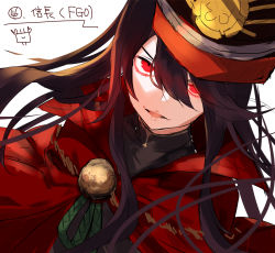 Rule 34 | 1girl, black hair, black hat, black shirt, character name, cloak, copyright name, crest, dutch angle, eyebrows hidden by hair, family crest, fate/grand order, fate (series), hair between eyes, hat, koha-ace, long hair, looking at viewer, military hat, oda nobunaga (fate), oda nobunaga (koha-ace), oda uri, parted lips, peaked cap, red cloak, red eyes, shirt, simple background, solo, upper body, v-shaped eyebrows, white background, yuuki kira
