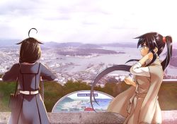 Rule 34 | abo (hechouchou), ahoge, black hair, braid, cityscape, hair flaps, hand on own neck, harbor, highres, kantai collection, looking away, lookout platform, photo background, ponytail, red scrunchie, scrunchie, shigure (kancolle), yahagi (kancolle)