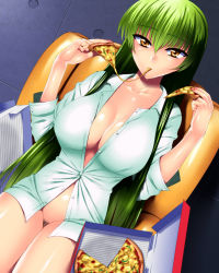Rule 34 | 1girl, bad id, bad pixiv id, bottomless, breasts, c.c., cleavage, code geass, dress shirt, eating, female pubic hair, food, green hair, large breasts, legs, long hair, no bra, no panties, pizza, pubic hair, sen (sansui), shirt, sitting, sleeves pushed up, solo, thighs, yellow eyes