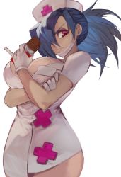 Rule 34 | 1girl, blue hair, breasts, candy, chocolate, chocolate bar, choker, cleavage, food, gloves, hair over one eye, hat, highres, large breasts, latex, latex gloves, mask, mask around neck, mouth mask, nurse cap, pinky out, ponytail, qmerlem, red eyes, skullgirls, smile, solo, surgical mask, symbol-shaped pupils, valentine (skullgirls), white background