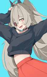 Rule 34 | 1girl, ;d, absurdres, ahoge, aqua background, black collar, black sweater, blush, collar, commentary, djmax, djmax respect, english commentary, eyepatch, fail (djmax), fang, grey hair, hair between eyes, hair ornament, hand on own head, highres, long hair, looking at viewer, maishtar colo, midriff, one eye closed, open mouth, outstretched arm, red eyes, red skirt, sidelocks, skin fang, skirt, sleeves past wrists, smile, solo, sweater, twintails, very long hair