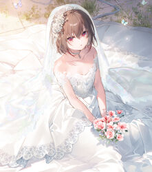 Rule 34 | 1girl, bare shoulders, breasts, bridal veil, brown hair, bug, butterfly, collarbone, dress, flower, holding, holding flower, insect, jewelry, necklace, official art, red eyes, seiken gakuin no maken tsukai, shary corvette, short hair, sitting, small breasts, solo focus, tiara, toosaka asagi, veil, wedding, wedding dress, white dress